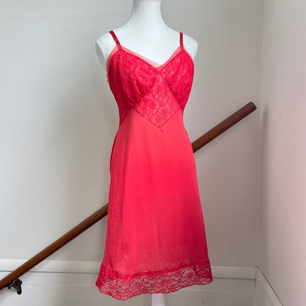Vintage Vanity Fair Slip Dress 36 Coral Red Dyed Lace Trim Nylon Midi 60s Glam